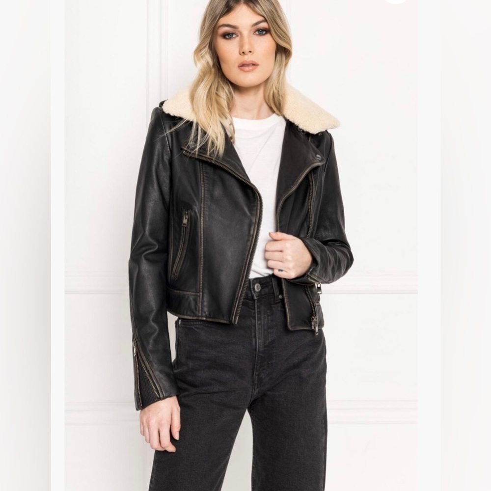 Michael Kors Jacket 100% Genuine Leather Aviator Zipped Jacket Sherpa Collar A1 - Picture 1 of 10